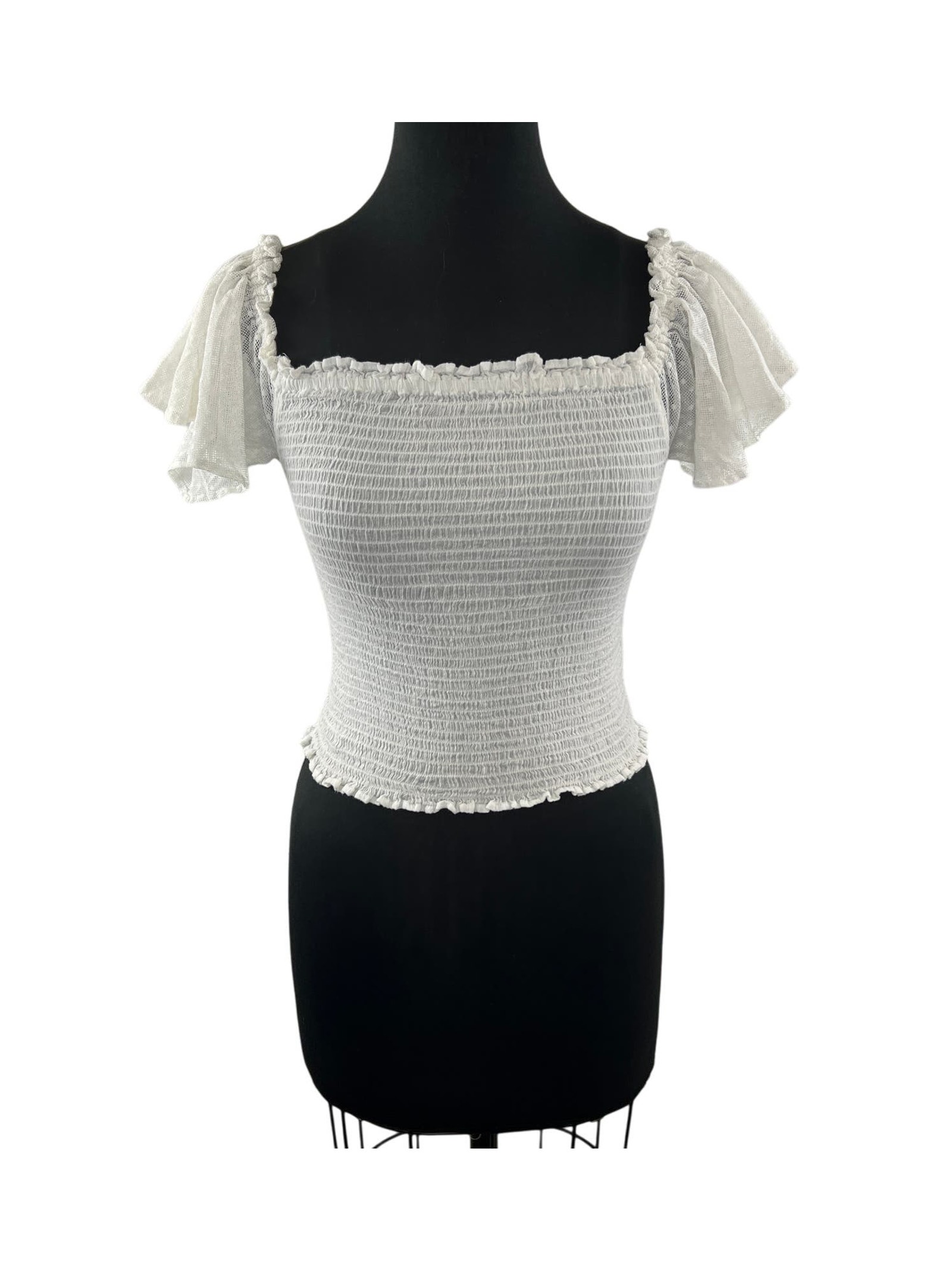 Free People White Top Cotton Smocked Square Elastic Ruffle Sleeve Size Small S